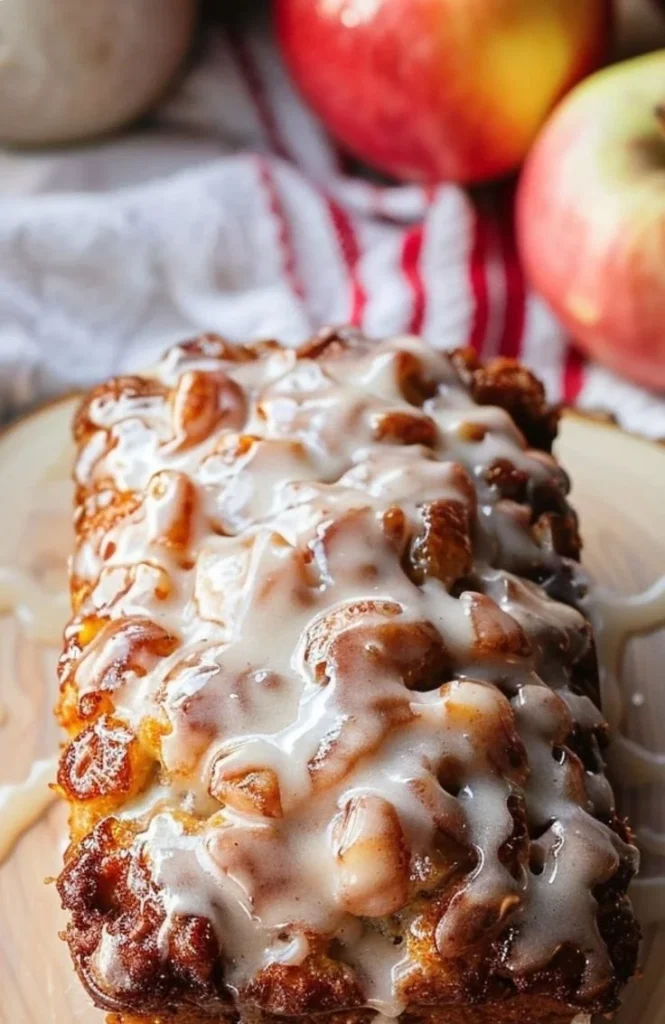 Amish apple fritter bread topped with icing on a wooden table