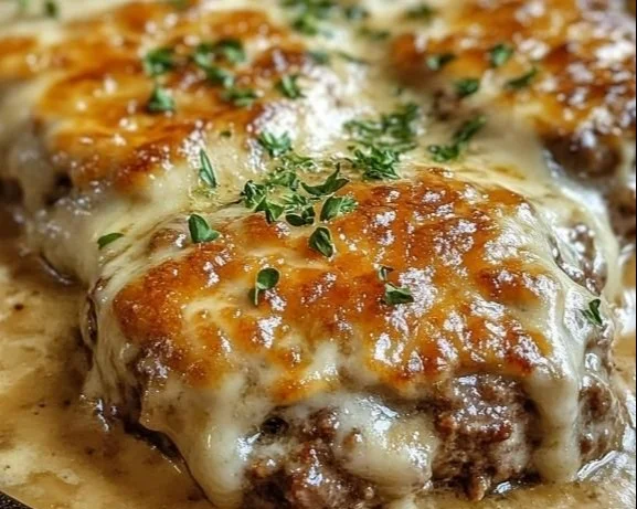 Amish Hamburger Steak Bake served with vegetables and gravy