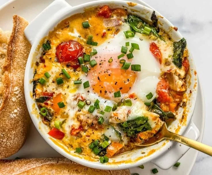 Delicious baked feta eggs with tomatoes and spinach served in a dish
