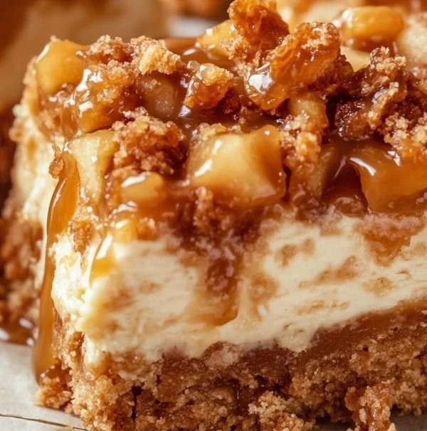 Delicious caramel apple cheesecake bars topped with caramel drizzle.