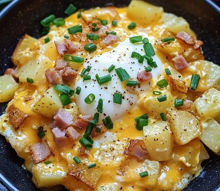 Delicious cheesy potato egg scramble served in a bowl