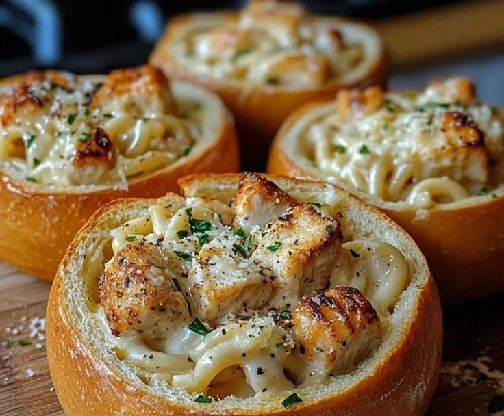 Delicious Chicken Alfredo served in crispy garlic bread bowls.