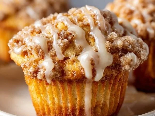 Freshly baked coffee cake muffins with a crumbly topping and coffee aroma