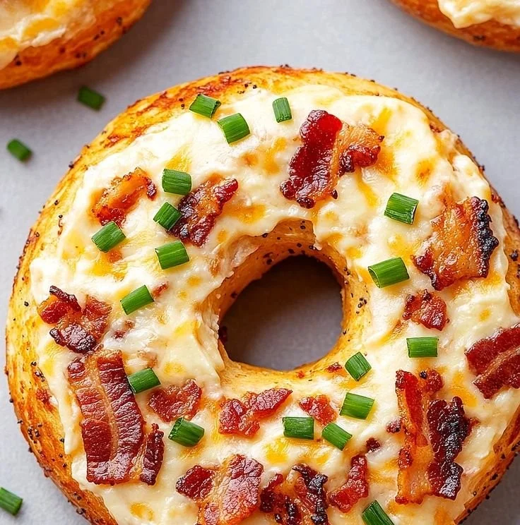 Creamy bacon cheddar bagels fresh from the oven, topped with crispy bacon and melted cheese.