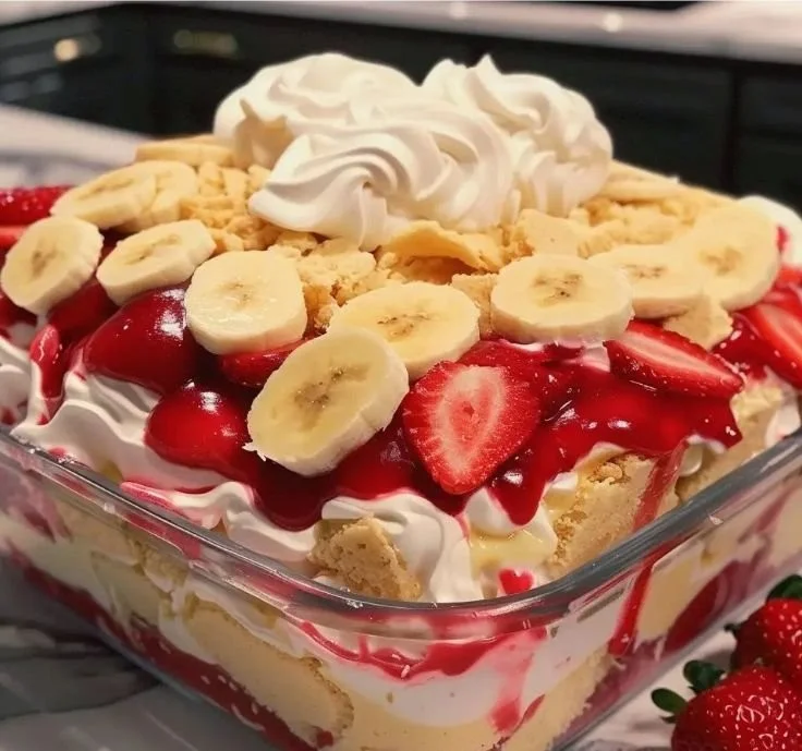 Delicious easy strawberry banana pudding in a bowl with fresh strawberries and bananas