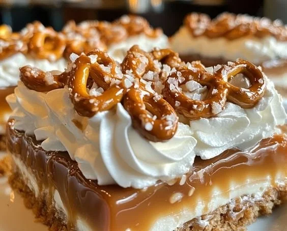 No-bake salted caramel pretzel bars topped with drizzled chocolate
