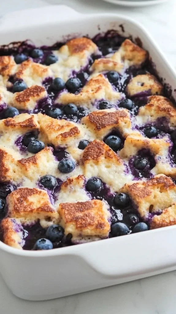 Delicious Quick Blueberry French Toast Casserole topped with fresh blueberries