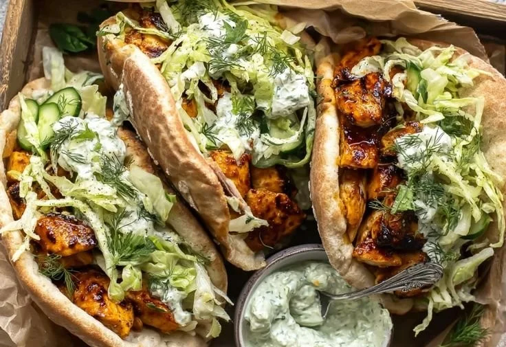 Delicious sheet pan chicken pitas served with fresh vegetables and sauce