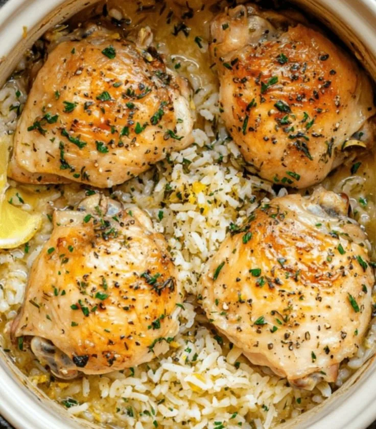 Slow Cooker Lemon Herb Chicken served with fluffy rice and fresh herbs