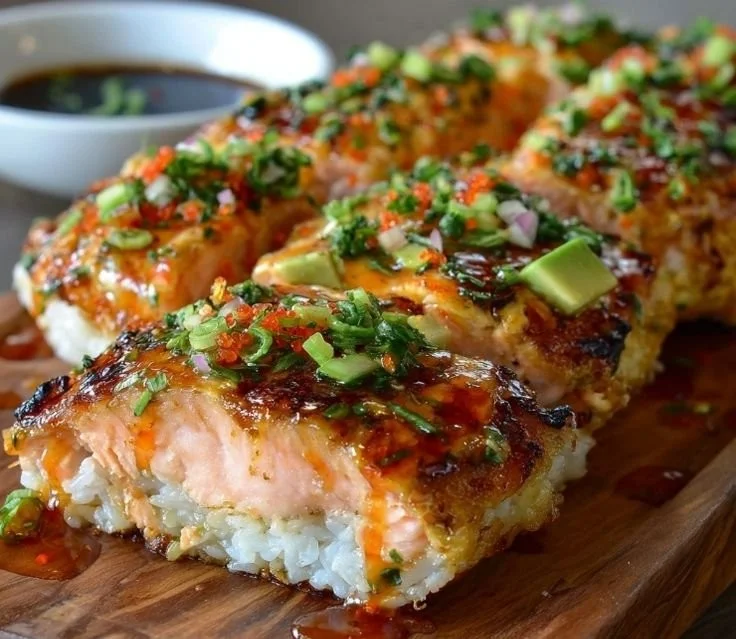 Baked spicy salmon sushi dish served in a wooden bowl with green garnishes.