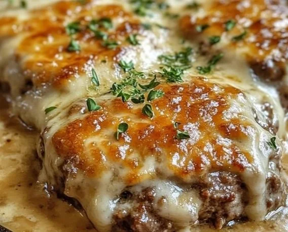 Amish Hamburger Steak Bake topped with savory gravy and herbs