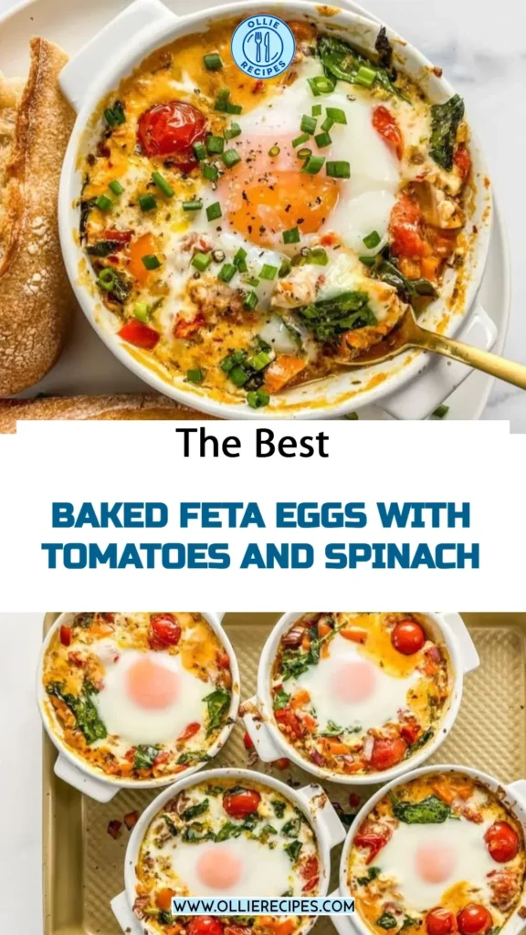 Delicious baked feta eggs with tomatoes and spinach in a serving dish