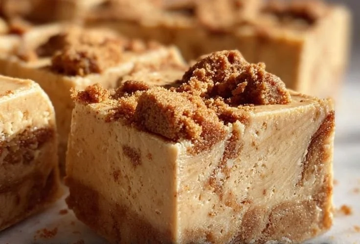 Delicious homemade Biscoff fudge cut into squares on a wooden board