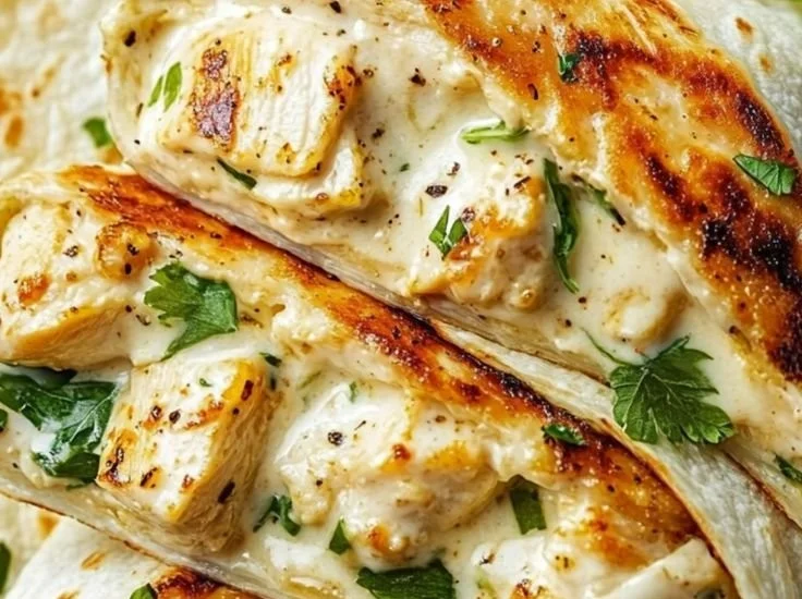 Cheesy Garlic Chicken Wraps garnished with fresh herbs and served on a plate.