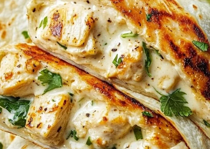 Delicious Cheesy Garlic Chicken Wraps ready to enjoy, filled with cheesy goodness.