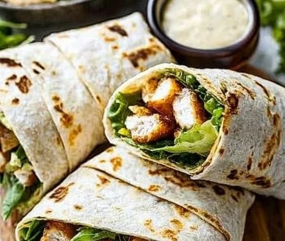Delicious Chicken Caesar Salad Wrap served on a plate with fresh ingredients