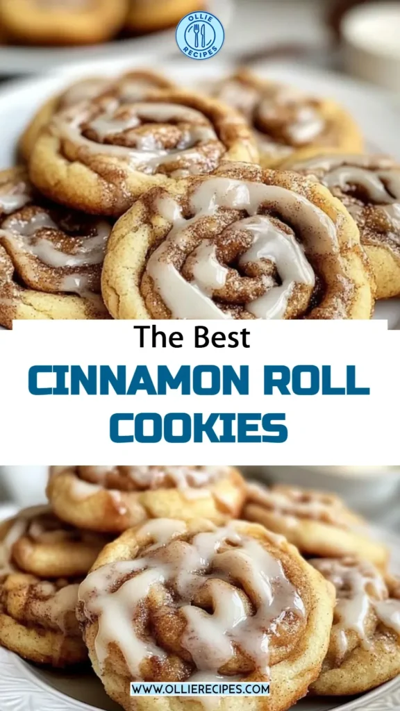 Freshly baked cinnamon roll cookies with frosting on a plate