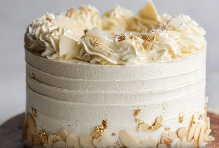Delicious classic vanilla cake with almond flavor on a decorative plate.
