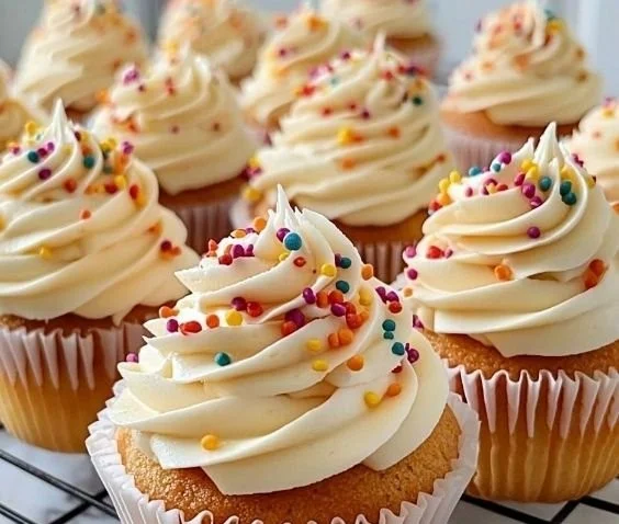 Delicious classic vanilla cupcakes topped with creamy frosting