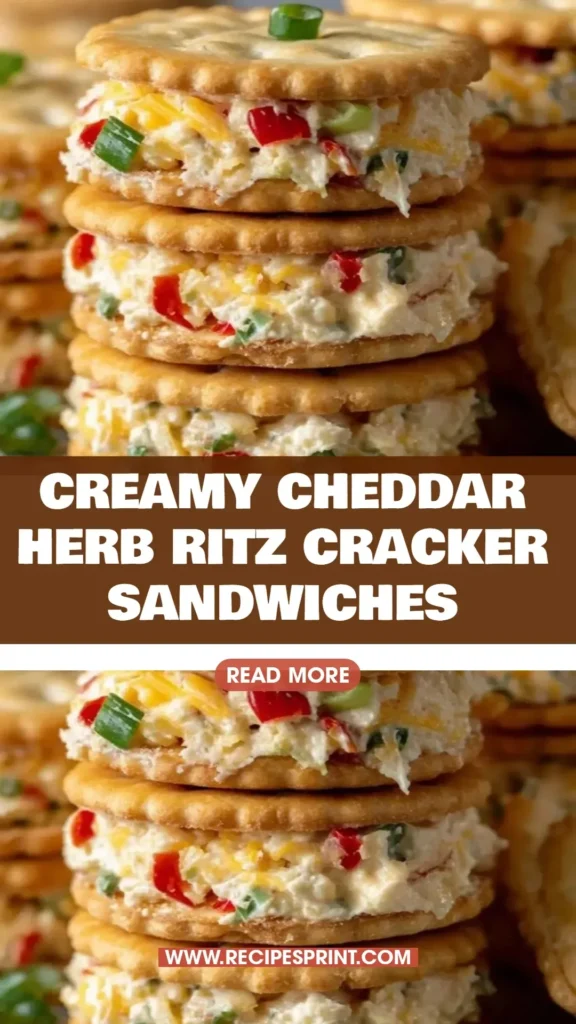 Creamy cheddar herb Ritz cracker sandwiches on a wooden table
