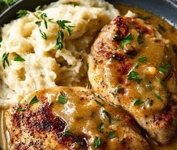 Delicious creamy garlic chicken breast served on a plate with herbs