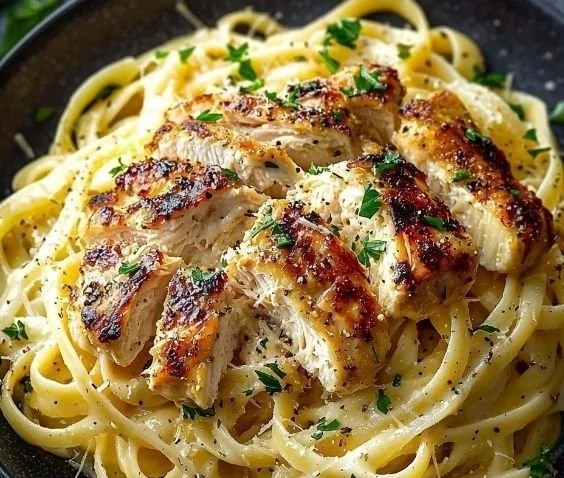 Creamy Garlic Parmesan Chicken Pasta with herbs and chicken pieces