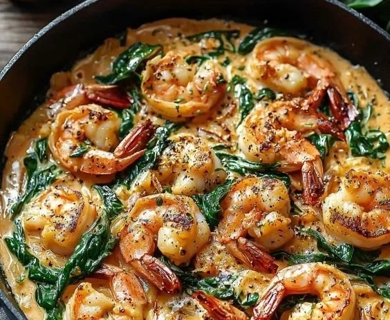Creamy Tuscan shrimp with spinach served in a bowl
