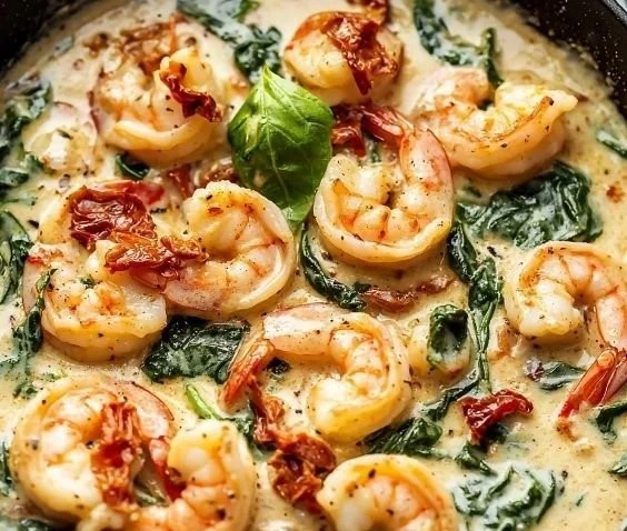 Creamy Tuscan shrimp with spinach and sun-dried tomatoes served in a bowl.