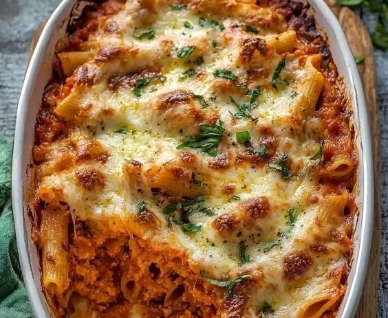 Delicious cheesy baked ziti dish garnished with herbs and served hot.