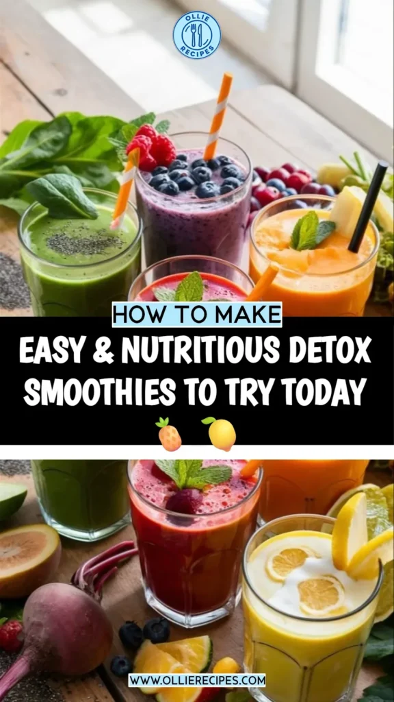Colorful detox smoothies featuring ingredients like pineapple and lemon.