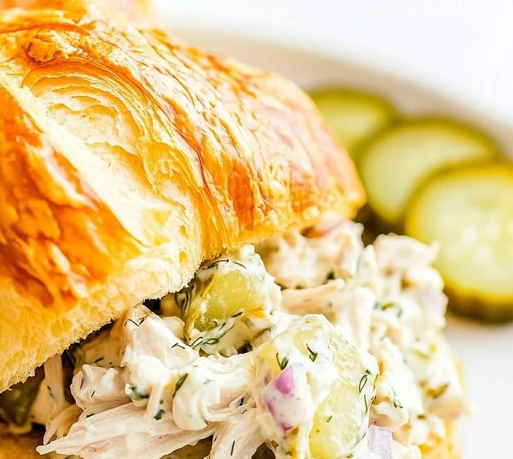 Deliciously flavored dill pickle chicken salad served in a bowl.