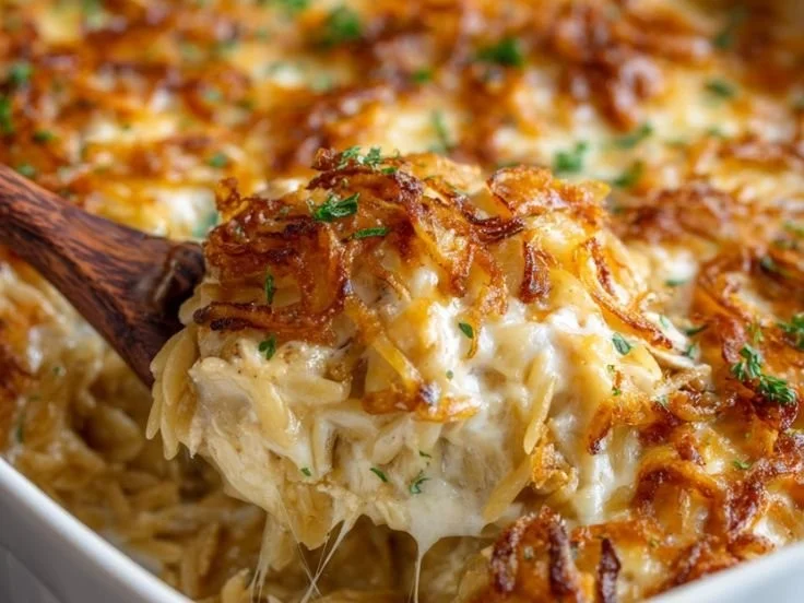 French Onion Chicken Orzo Casserole with cheese and herbs.