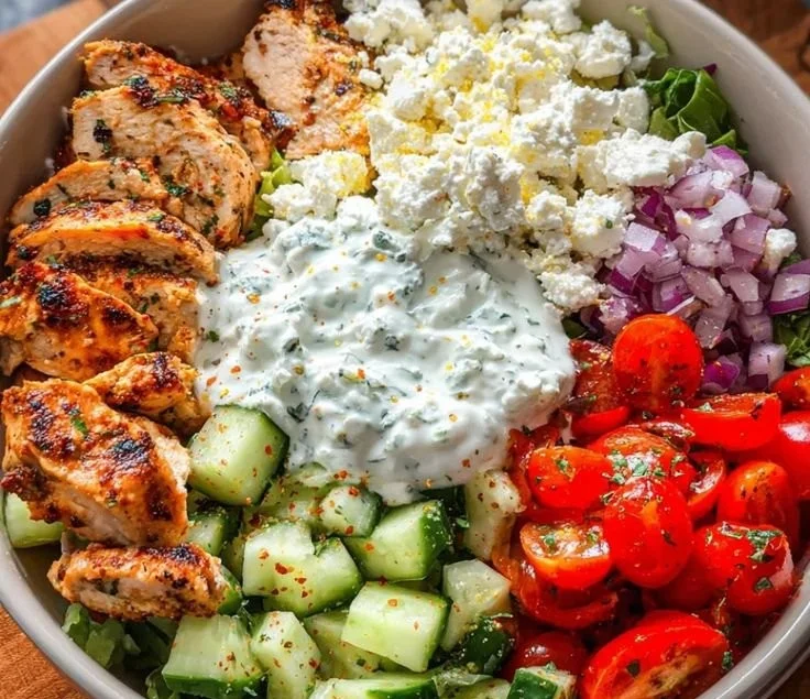 Delicious Greek Chicken Bowls with fresh vegetables and sauces.