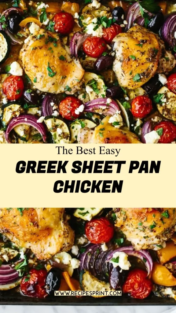 Delicious Greek sheet pan chicken with vibrant vegetables on a baking sheet.