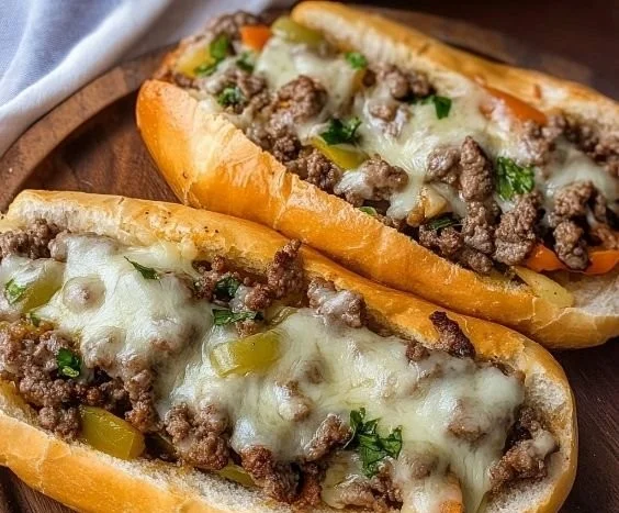 Delicious Ground Beef Philly cheesesteaks loaded with cheese and toppings
