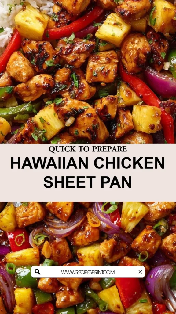 Hawaiian chicken sheet pan with colorful vegetables and pineapple, ready to serve.