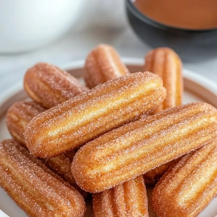 Healthy baked churro bites served on a plate with cinnamon sugar coating.