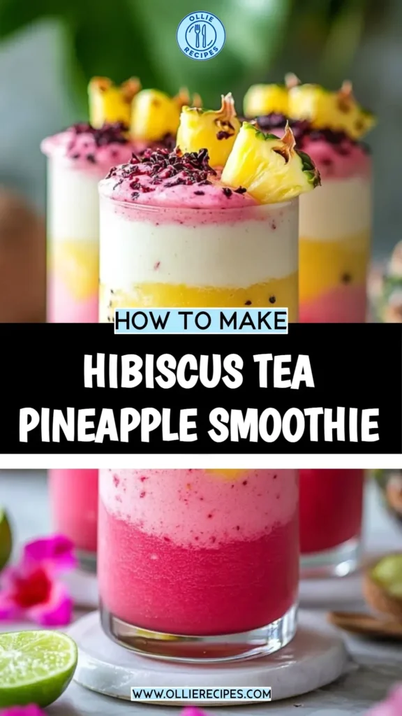 Hibiscus tea pineapple smoothie in a glass with tropical fruit garnish