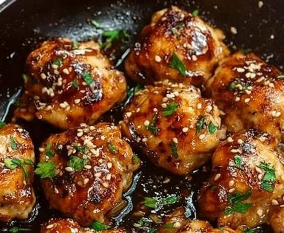 Delicious Honey Garlic Chicken Skillet served with vegetables