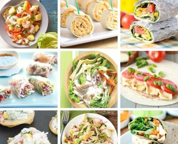 A colorful spread of no-cook dinner ideas on a table.