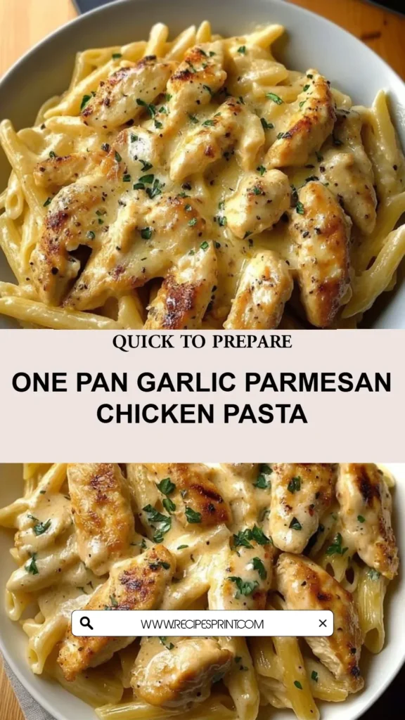 One Pan Garlic Parmesan Chicken Pasta served in a bowl garnished with parsley