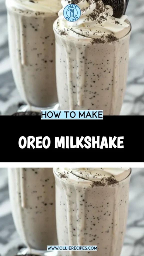 Creamy Oreo milkshake topped with whipped cream and crushed Oreos