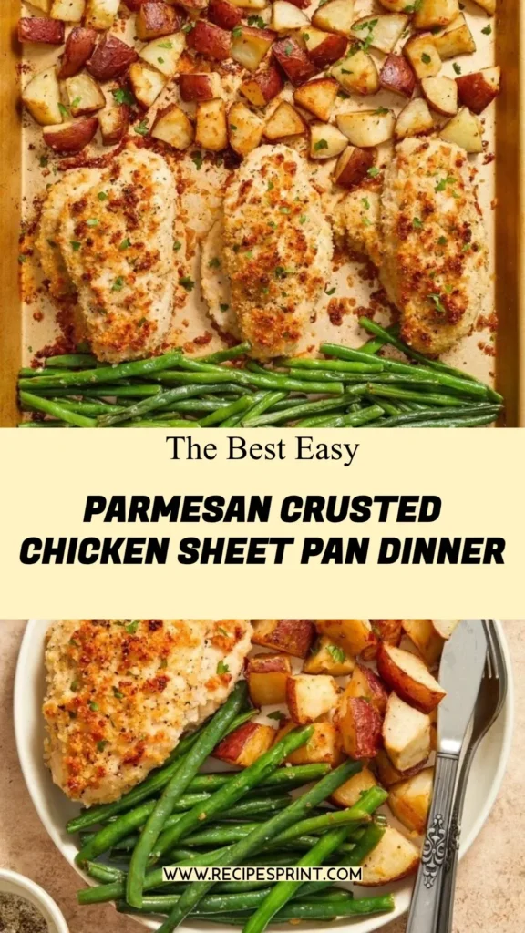 Delicious Parmesan Crusted Chicken Sheet Pan Dinner served with roasted vegetables