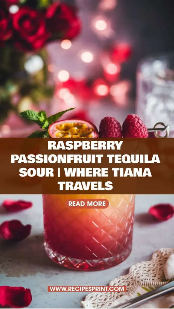 Raspberry Passionfruit Tequila Sour cocktail with vibrant garnishes.