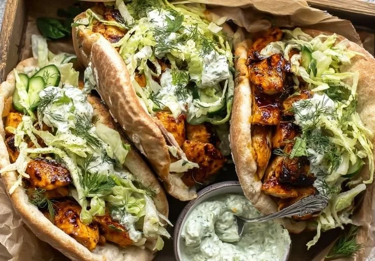 Sheet pan chicken pitas with fresh toppings served on a plate
