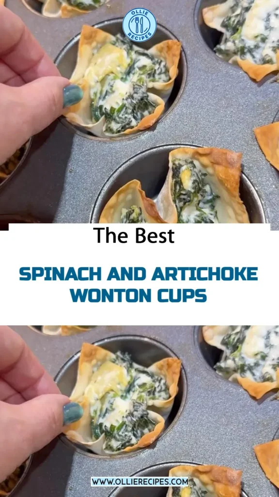 Delicious spinach and artichoke filling in crispy wonton cups on a platter