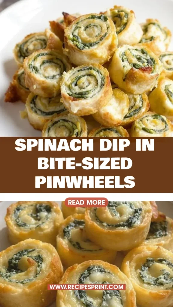 Bite-sized pinwheels filled with creamy spinach dip served on a platter