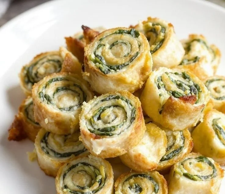Spinach dip pinwheels arranged on a platter for a delicious appetizer.
