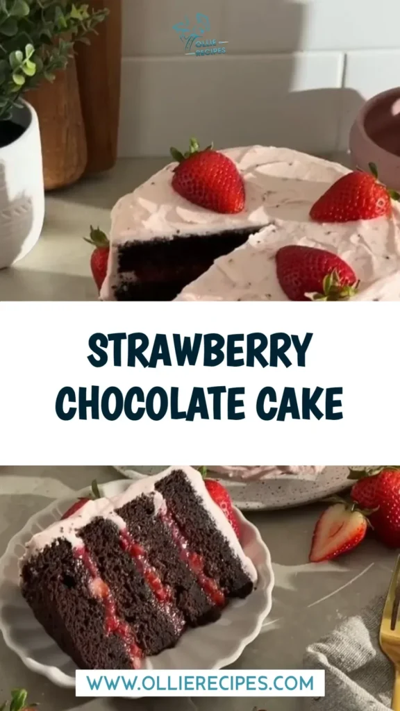 Delicious Strawberry Chocolate Cake garnished with fresh strawberries and chocolate drizzle.