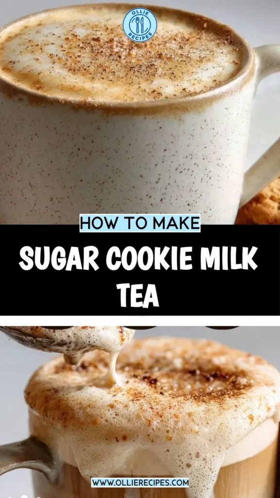 Delicious sugar cookie milk tea in a clear glass with a cookie on the side.